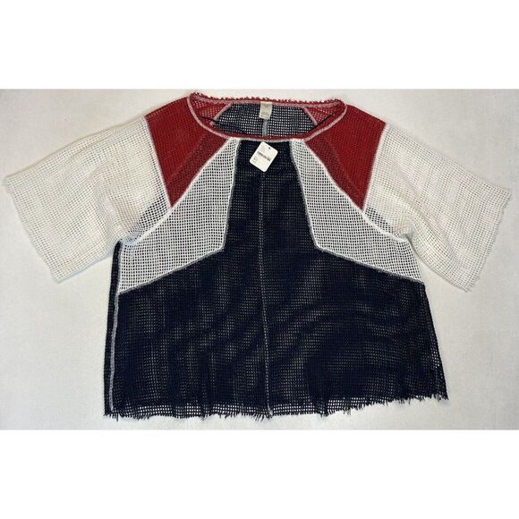 Free People Dakota Open Knit Oversized Top T-shirt Women XS Blue Red White NWT - Picture 1 of 6